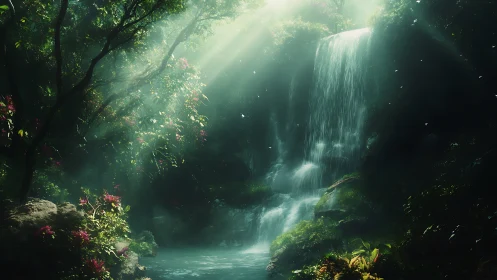 Lush forest waterfall under soft sunbeams in misty light.