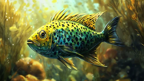 Spotted reef mischief fish gliding through kelp-lit gold.