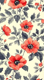 Coral poppy floral pattern with graphite leaves on cream ground.