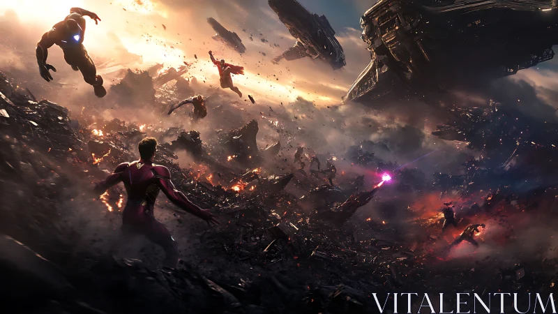 Armored heroes clash over burning alien battlefield at dusk