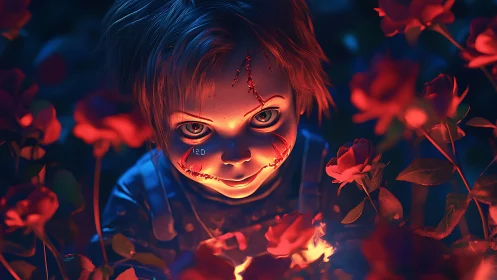 Sinister doll bends moonlit roses around its burning grin