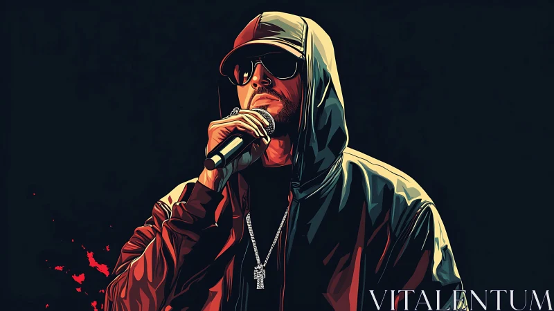 Hooded hip hop vocalist with mic in stylized vector lighting