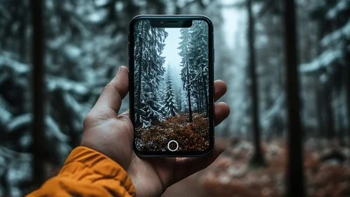 Hand holding smartphone framing snowy forest path scene.