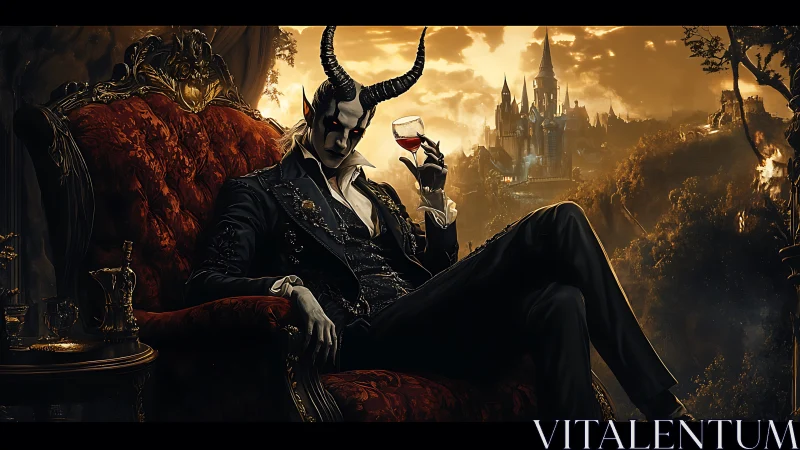 Elegant horned demon reclines in a throne above burning realm