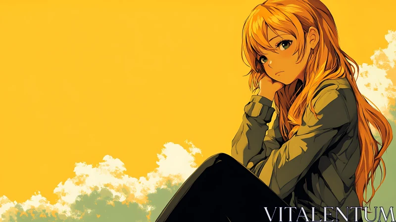 Pensive anime girl rendered against high-key yellow sky gradient