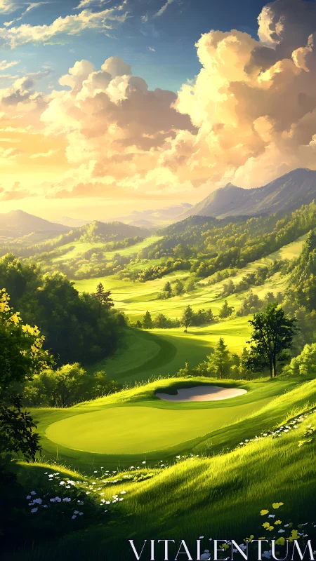 Sunlit fairway kingdom under towering storybook clouds.