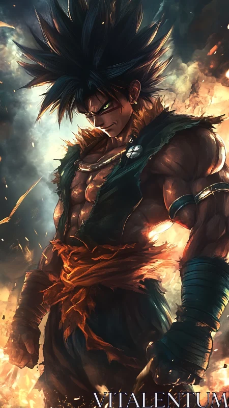 Battle-ready anime warrior wreathed in blazing energy storm.