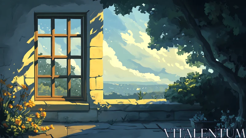 Sunlit stone window opens onto a tranquil countryside horizon