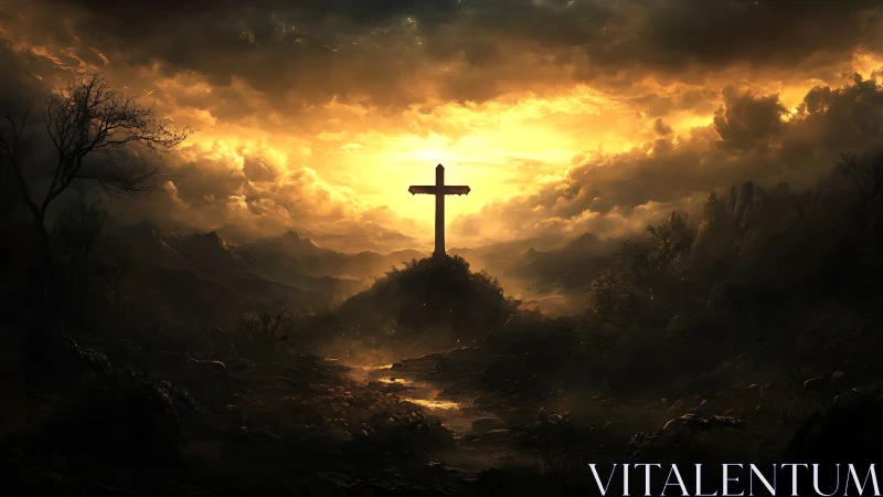 Lone hilltop cross under storm-bright resurrection sky.