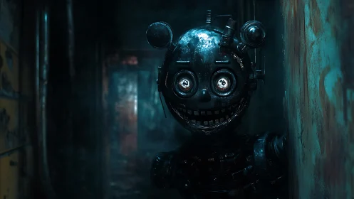 Cybernetic clown animatronic stalks rusted corridor