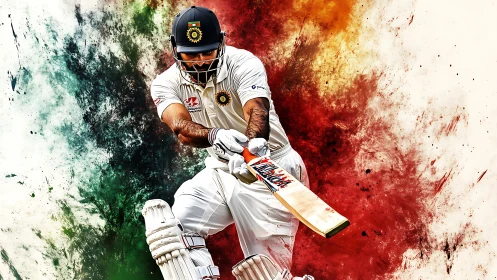 Cricketer drives ball amid explosive tricolor paint burst.