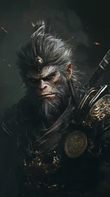 Mythic warrior primate portrait in ornate gilded armor.