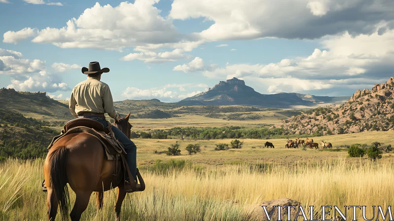Western cowboy observes mountain valley rangeland panorama.