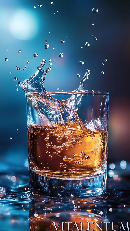 Golden Whiskey Glass with Dynamic Splash Impact.