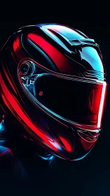 Motorcycle helmet profile in red and blue neon lighting.