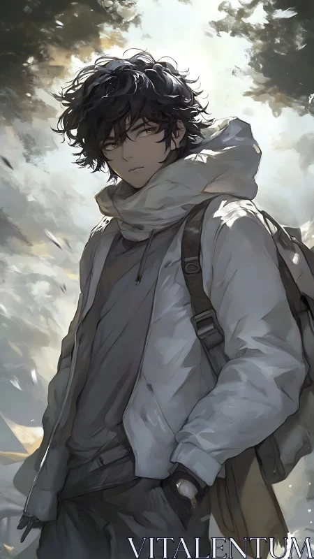 Brooding young man in white jacket under cloudy sky.