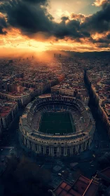 Urban football stadium under dense clouded sunset sky.