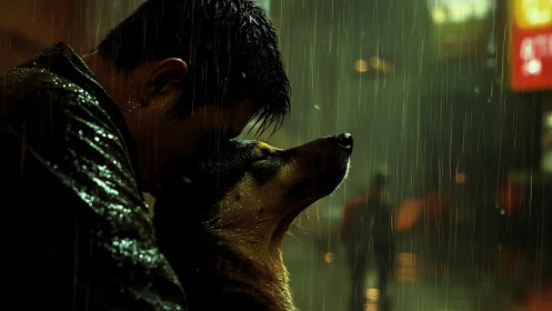 Rain-soaked man and dog in neon-lit night city close embrace