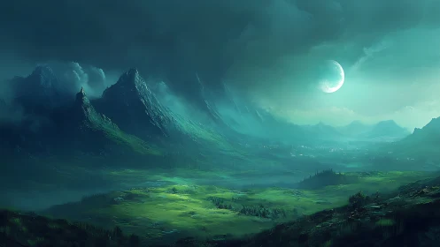 Alien moon over misty green valley and sharp peaks.