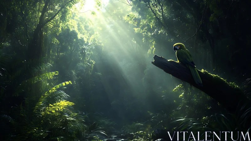 Solitary green parrot on fallen branch in dense rainforest.