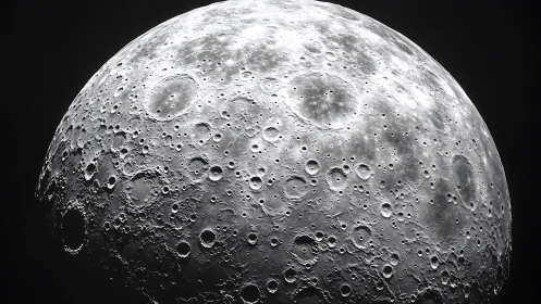 Silver cratered moonrise carved in stark cosmic silence.