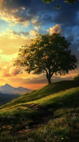 Solitary tree stands on sloped meadow under stratified sky