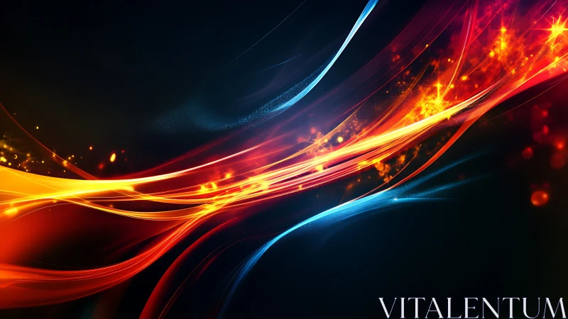 Dynamic neon light trails intersect across deep black field