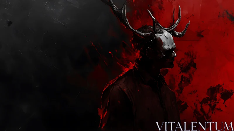 Horned masked figure emerges from blood red shadow field.