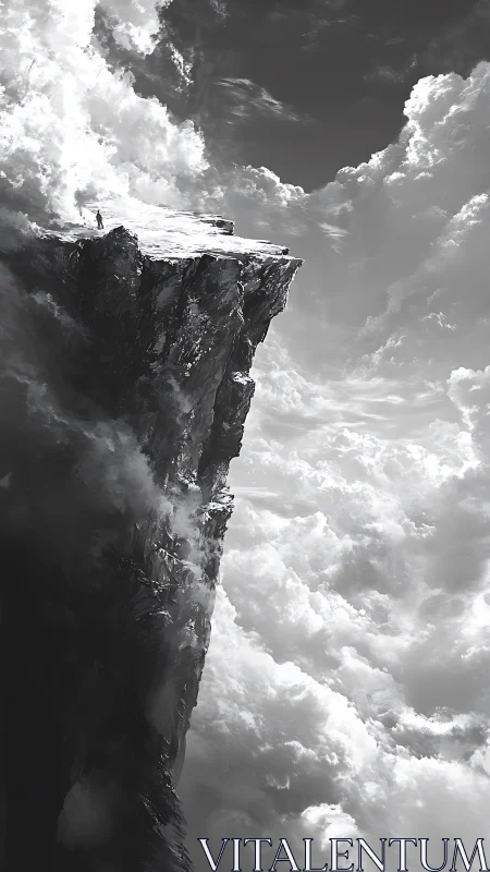 Lone dreamer stands on a vast cliff edge above the clouds