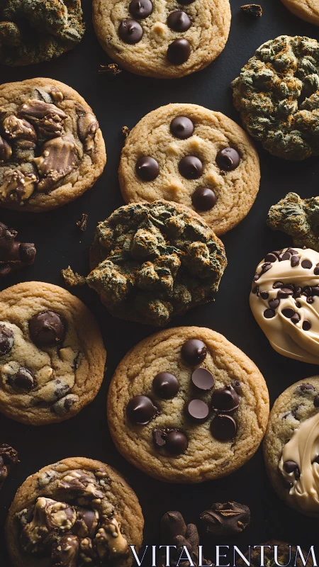 Mixed chocolate chip cookies arranged on dark tabletop