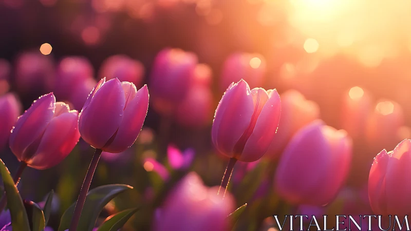 Magenta Tulips Dancing Through Golden Hour's Luminous Embrace