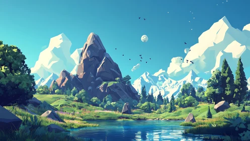 Stylized alpine valley with sharp peaks and clear lake.