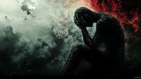 Silhouette figure in despair amid abstract dark storm.