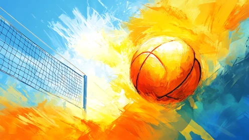 Volleyball in motion amid abstract sunrise color fields.