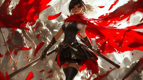 Warrior heroine in red scarf dominates dynamic battle tableau
