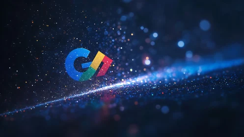 Chromatic data-stream logo suspended in particulate cosmos.