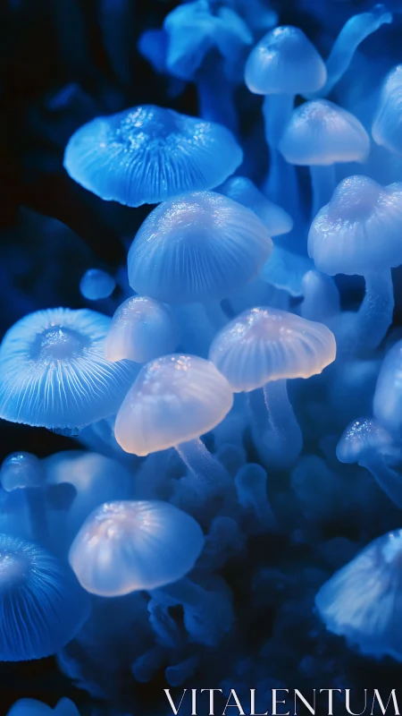 Softly glowing blue mushrooms in a dreamy forest night.