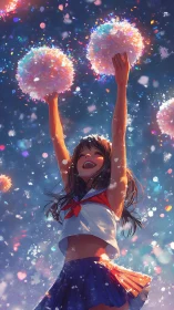 Joyful cheerleader under a sky of swirling confetti.