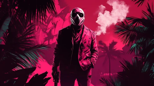 Neon jungle swallows a masked drifter in vaporous crimson haze