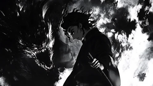 Sword-wielding warrior confronts shadow dragon in monochrome
