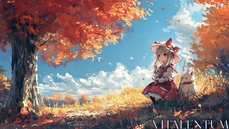 Anime girl and rabbit resting under bright autumn tree.