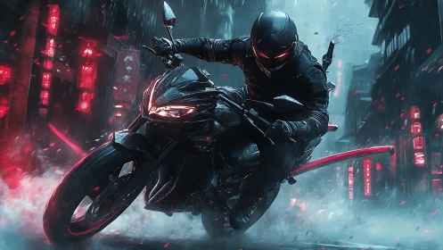 Masked rider cuts through neon rain in a cyberpunk chase