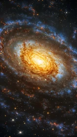 Spiral galaxy with bright golden core and blue star arms.
