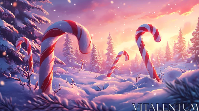 Candy cane forest under glowing winter sunset sky.