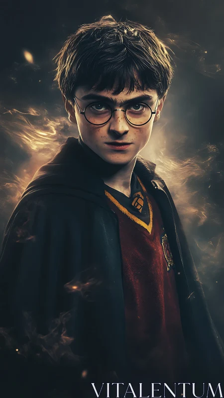 Portrait depicts robed youth in glasses against smoky backdrop