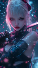 White haired swordswoman in neon lit digital environment.