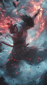 Fiery samurai warrior diving through storm and embers.