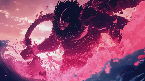Crimson storm clash between lone warrior and sea titan.