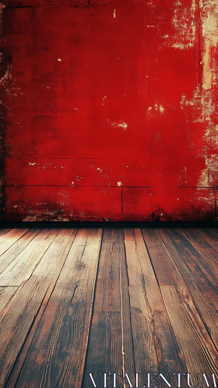 Weathered red wall and wooden floor create textured interior plane