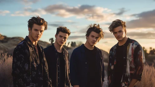 Stylish young men pose in golden-hour desert landscape.